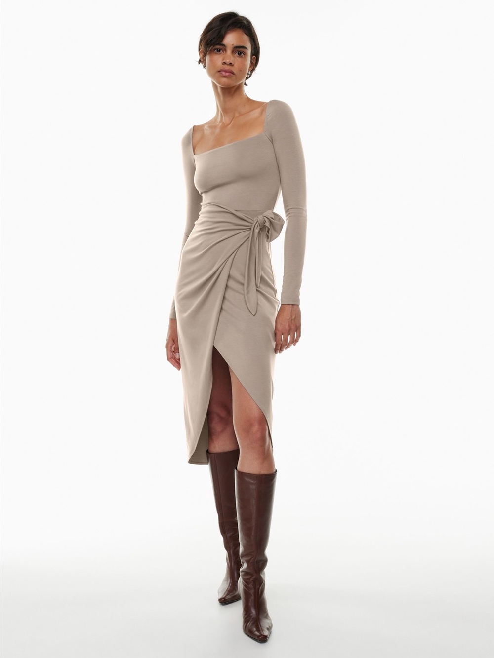 Aritzia Saturn Square-Neck Long Sleeve Wrap Midi Dress in Taupe